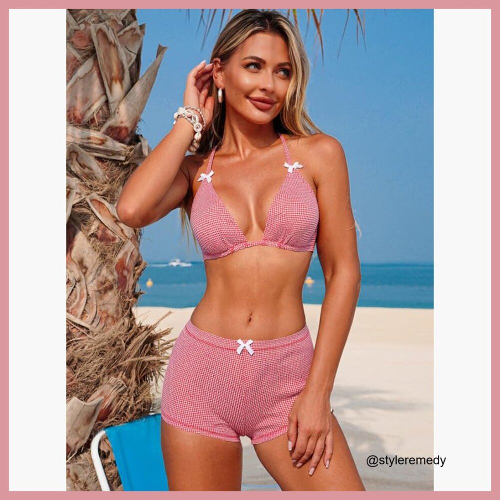 Polyester Blend Halter Bikini Set With Boyshorts … - image 2